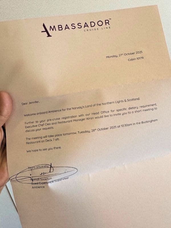 Guest letter concerning special dietary requirements on Ambassador Cruise Line