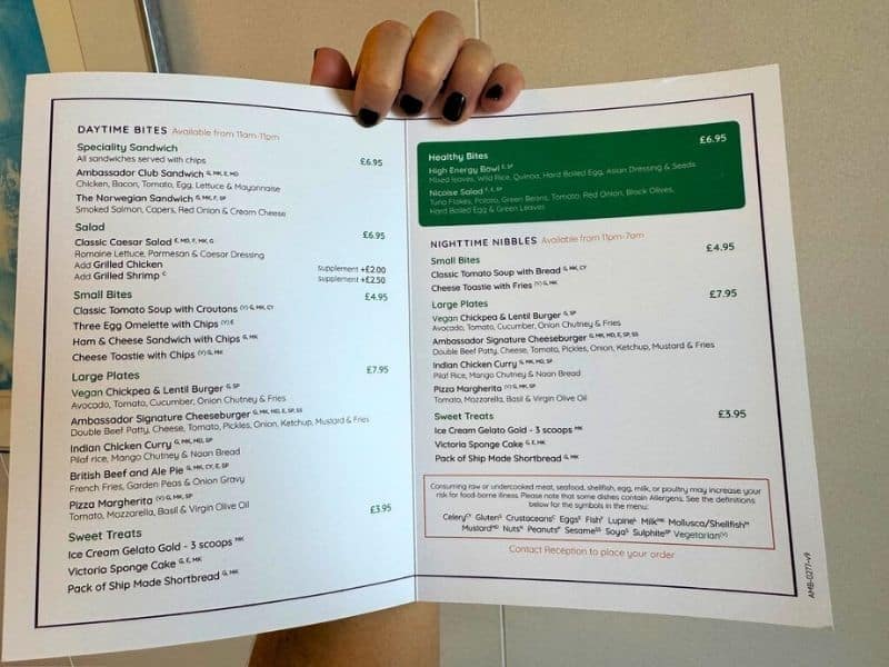 Room service menu on Ambassador Cruise Line
