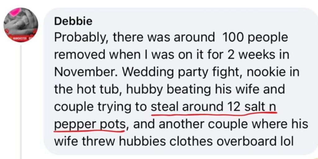 Screenshot of a social media comment from Debbie, recounting various misdemeanors on a cruise, such as 100 people being removed, a wedding party fight, intimate moments in a hot tub, a man beating his wife, attempted theft of salt and pepper pots, and a wife throwing her husband's clothes overboard.