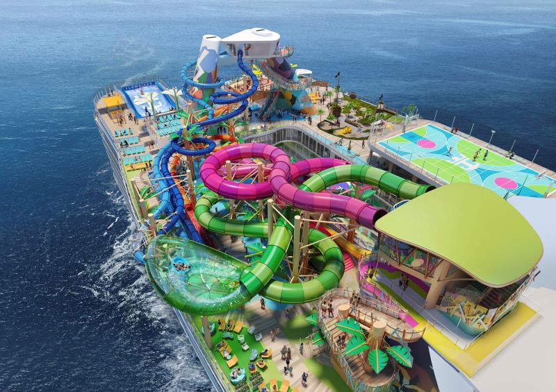 Aerial view of Thrill Island on a Royal Caribbean cruise ship, bustling with excitement and featuring a colorful array of water slides, including The Blaster aqua coaster, a wave pool, and a sports court against the backdrop of the open sea.
