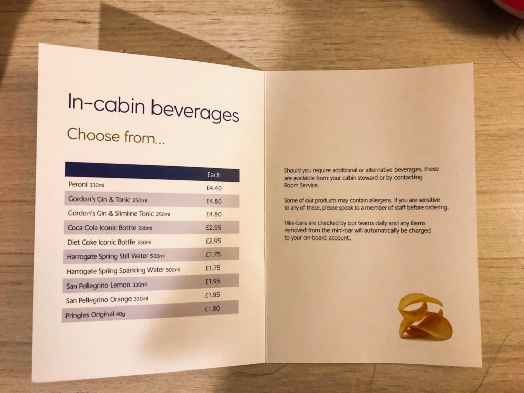 P&O Cruises mini bar drinks price list