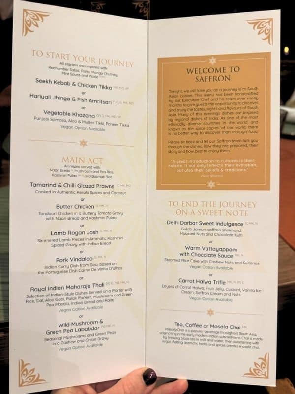Saffron menu on Ambassador Cruise Line