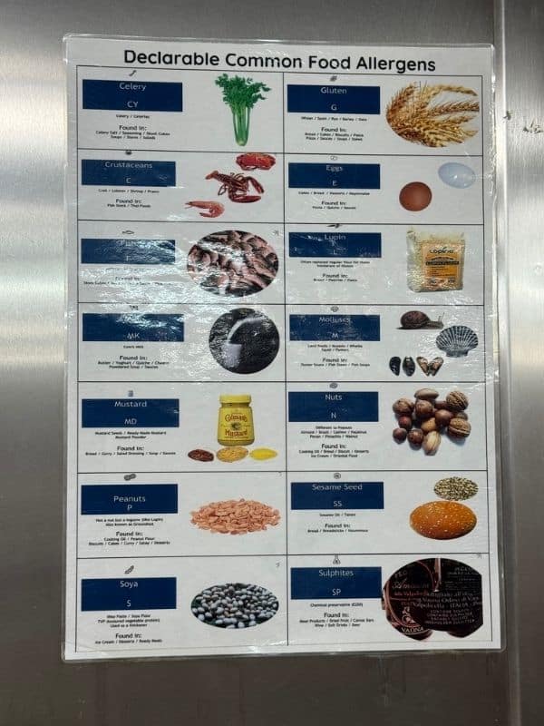 Kitchen allergens list on Ambassador Cruise Line