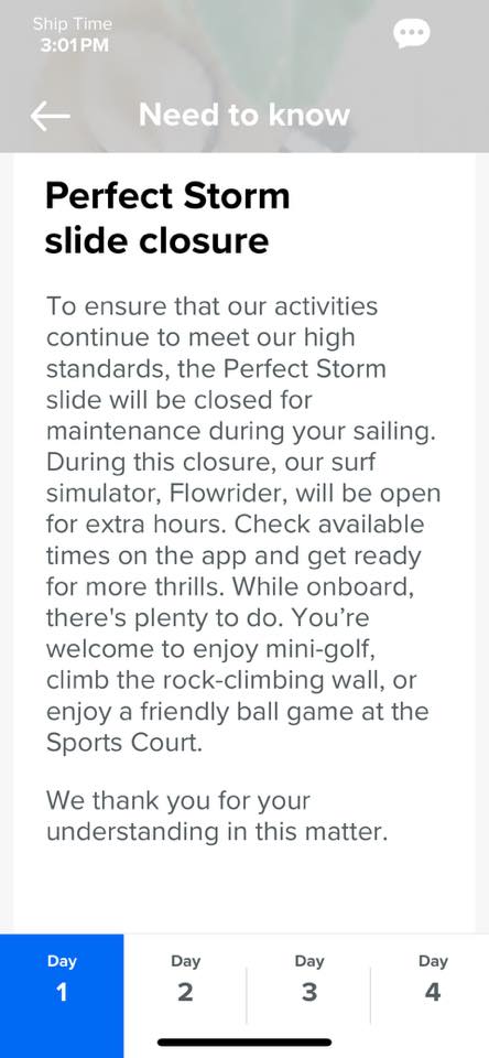 Image of water slide closure notification in Royal Caribbean app