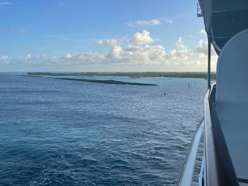 The view as the ship arrives at Castaway Cay