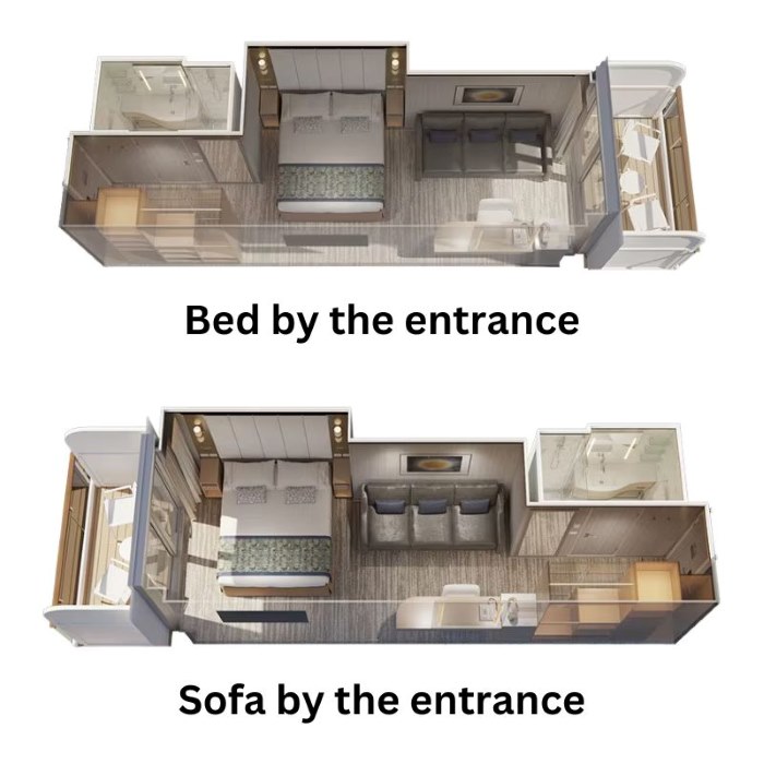 The image shows two layout options for a Balcony Stateroom on Princess Cruises' Sun Princess. The first layout, labeled "Bed by the entrance," has the bed positioned near the entrance of the room with the sofa closer to the balcony. The second layout, labeled "Sofa by the entrance," features the sofa near the entrance and the bed positioned closer to the balcony. Both layouts include a balcony with outdoor seating, a bathroom, and a desk area, offering flexibility in room configuration based on passenger preference.