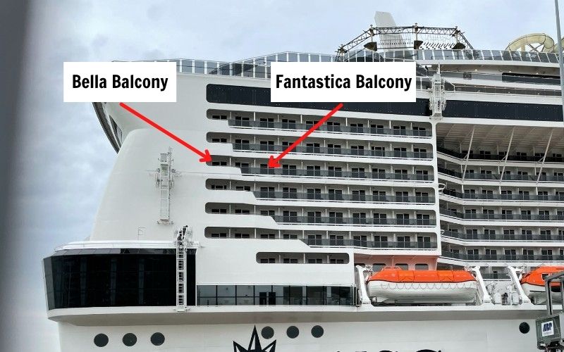 Close-up of MSC cruise ship highlighting Bella Balcony and Fantastica Balcony cabins, marked by red arrows, showcasing the ship's multi-tiered accommodation options.