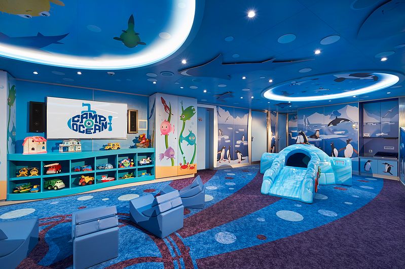 Camp Ocean children's play area on Carnival Horizon, featuring ocean-themed decor with sea creature illustrations, play structures, and a whimsical, underwater ambiance.