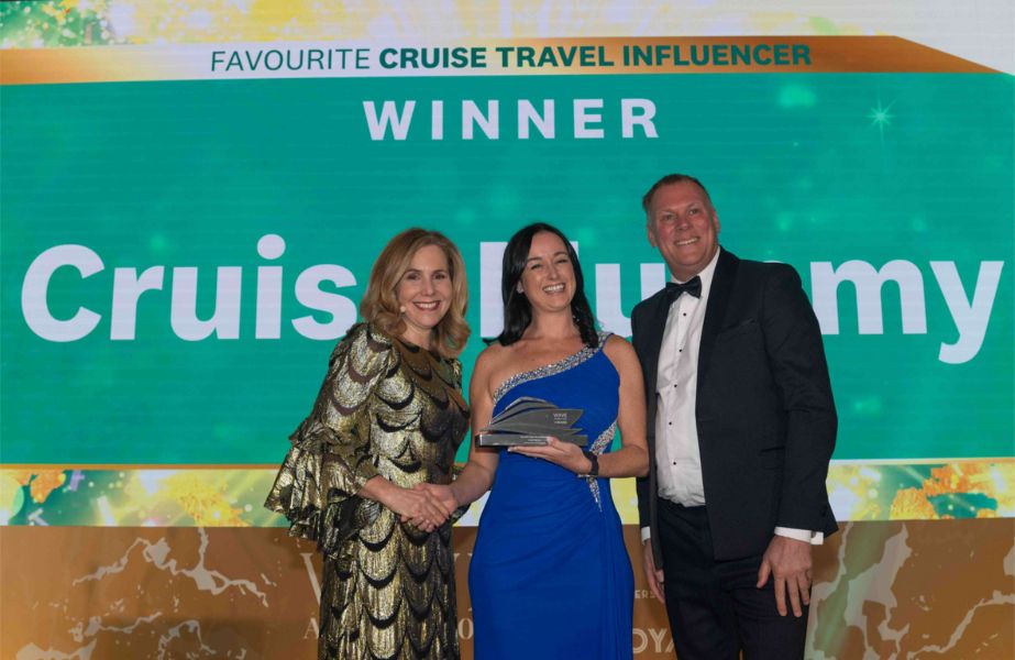 Cruise Mummy accepting the award for Favourite Cruise Travel Influencer at the Wave Awards 2025