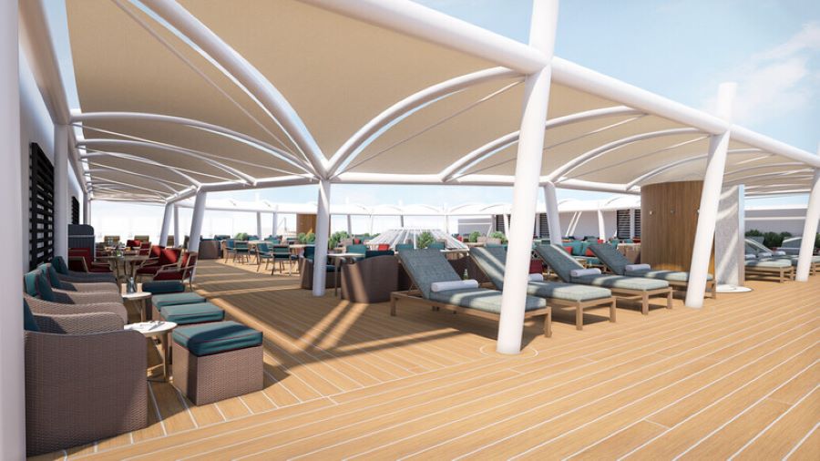 A digital rendering of Cunard's Grills terrace, portraying a spacious outdoor lounge area with modern design elements. The terrace features a series of elegant white arching canopies providing shade to a selection of comfortable seating arrangements, including wicker chairs with deep teal cushions and sun loungers, all set against the backdrop of a wooden deck with clean, contemporary lines.
