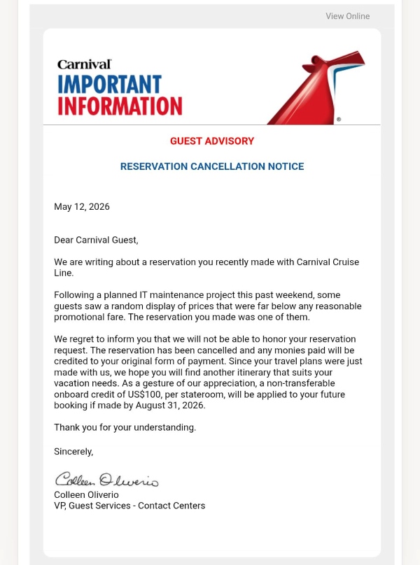 Carnival Festivale Cancellation Letter