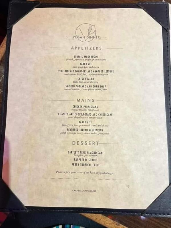 Carnival Vegan Menu