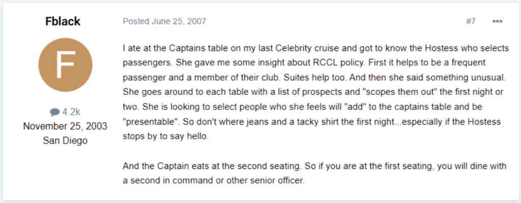“She is looking to select people who she feels will "add" to the captains table and be "presentable".”