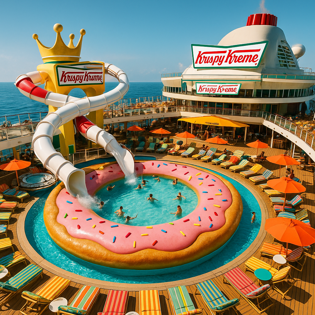 S.S. Sweet Escape, Krispy Kreme cruise ship pool deck with giant doughnut pool.