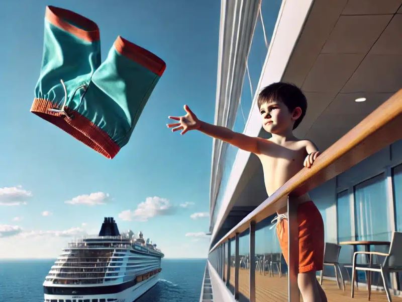 Child throwing clothes over a cruise balcony
