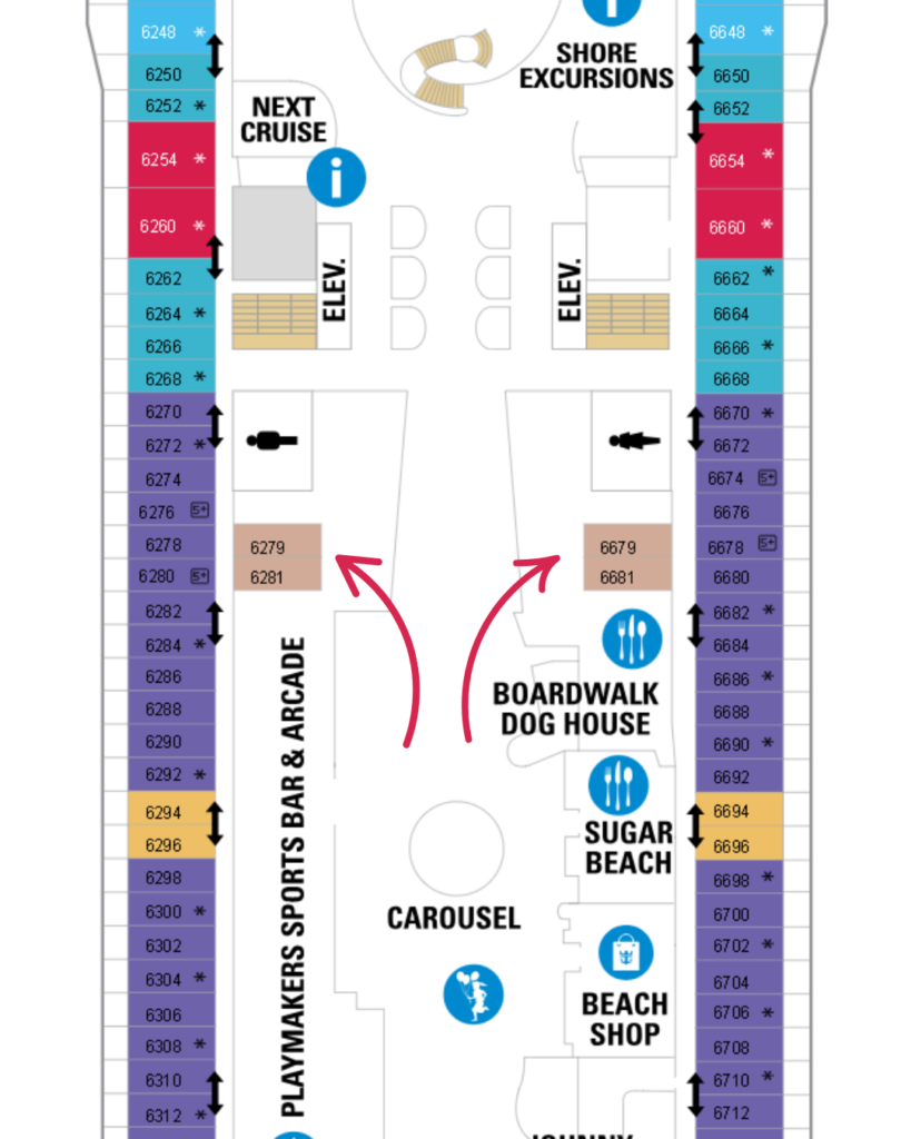 Deck plan showing deck 6 inside cabins next to the toilets