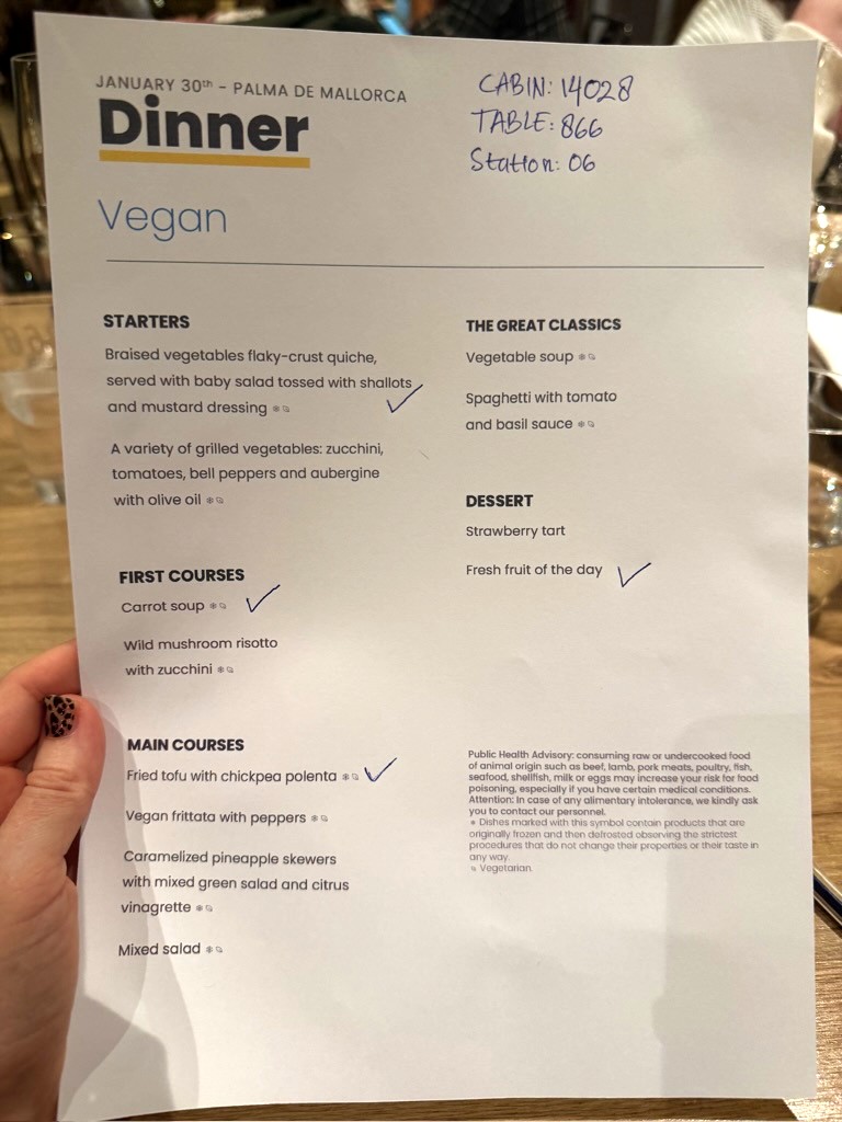 Costa cruises vegan menu
