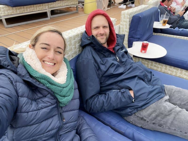 Me and my husband on a Norway cruise wearing jackets
