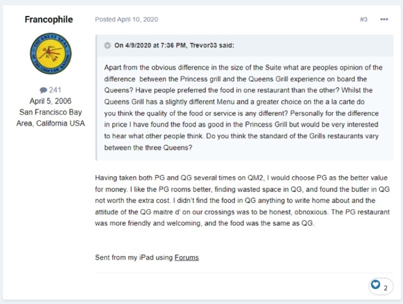 “Having taken both PG and QG several times on QM2, I would choose PG as the better value for money. I like the PG rooms better, finding wasted space in QG, and found the butler in QG not worth the extra cost.”