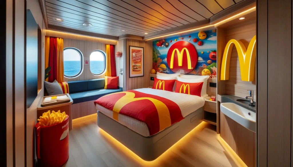 A cozy and modern cabin inside the McDonald's cruise ship, featuring a comfortable double bed with bedding in McDonald's colors, red and yellow. The room is well-appointed with maritime decor and a wall art of the McDonald's menu items, creating a unique stay experience