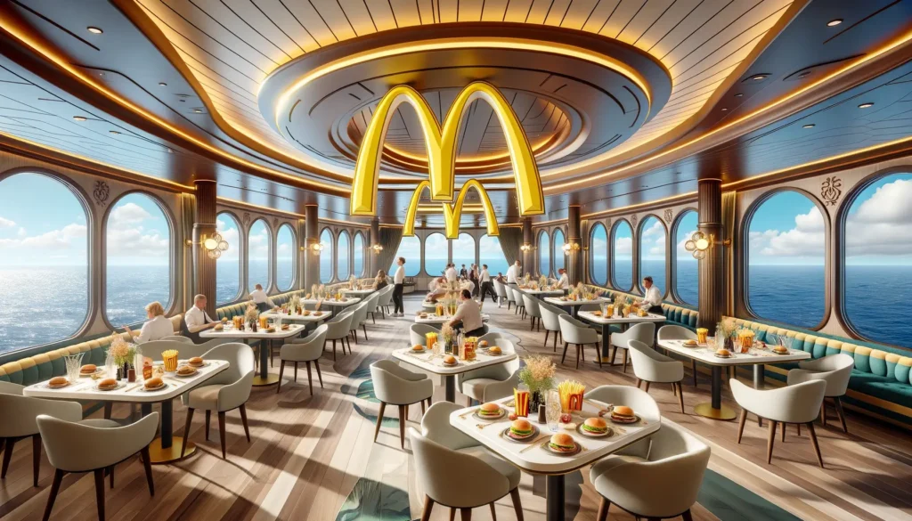 A dining venue on the McDonald's cruise ship, elegantly designed to resemble a classic McDonald's restaurant but with a luxurious twist. The space features large windows with ocean views, sophisticated furniture, and the iconic golden arches, offering guests a high-end dining experience with a familiar touch