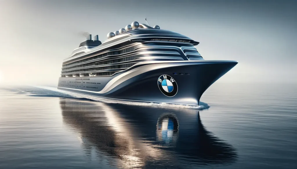 A sleek and modern cruise ship exterior, inspired by BMW's luxury design aesthetics, glides over calm seas. The ship's hull features BMW's signature silver and navy colors, exuding elegance and advanced engineering