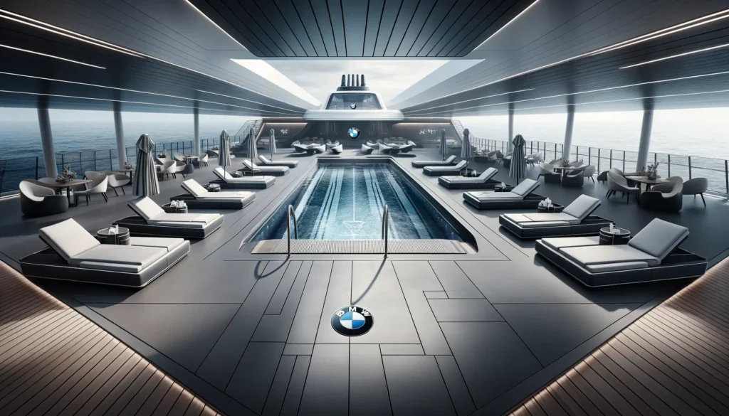 The pool area on the BMW cruise ship showcases a luxurious and minimalist design. The infinity pool, set against the backdrop of the sea, follows clean lines and a monochromatic color scheme, reflecting BMW's sophisticated style.