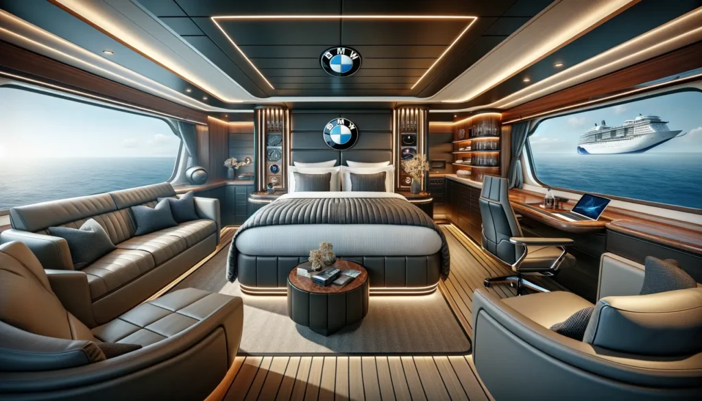 Inside the BMW cruise ship, a luxurious cabin awaits, echoing the high-quality materials and sophisticated design of BMW's automotive interiors. The space balances comfort and style, offering an immersive brand experience.