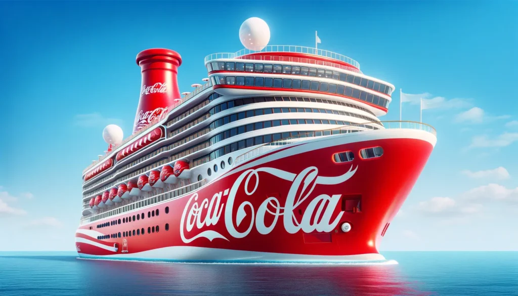A vibrant and iconic cruise ship exterior embodies Coca-Cola's classic red and white color scheme, with the unmistakable Coca-Cola logo emblazoned on the hull. The red funnels and decks are adorned with the brand's signature style, making a bold statement on the serene blue ocean.