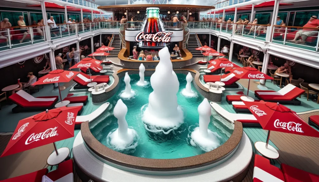 The pool area on the Coca-Cola cruise ship features a unique, soda-pop themed design with a pool that mimics the effervescence of a fizzy drink. Red and white deck loungers and umbrellas complement the Coca-Cola branding, creating an inviting atmosphere for relaxation and entertainment.