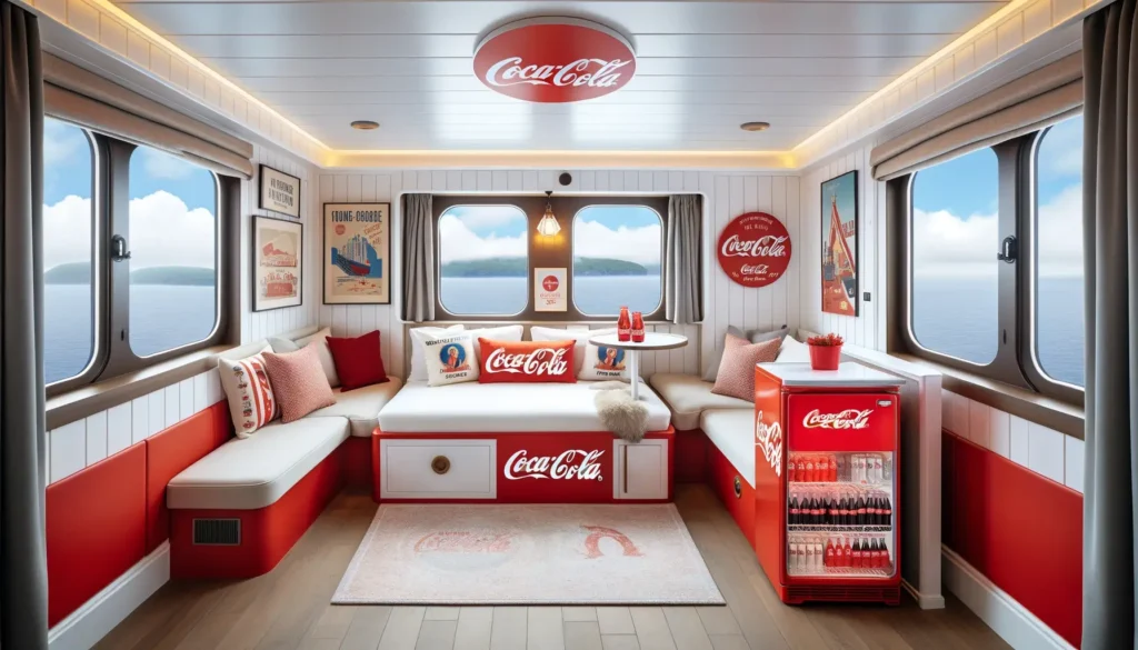A cozy and refreshing cabin on the Coca-Cola cruise ship, designed with the brand's iconic red and white color scheme. The interior features comfortable seating, Coca-Cola branding, and maritime portholes offering views of the sea, creating an immersive brand experience.