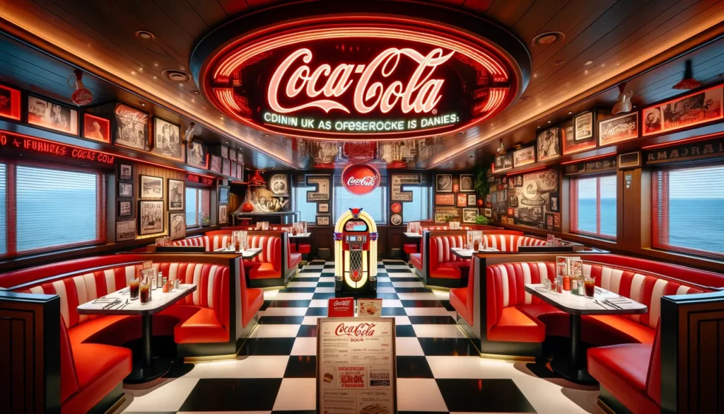 A dining venue on the Coca-Cola cruise ship is designed to evoke the classic American diner of the 1950s. Red booths, checkerboard floors, and Coca-Cola memorabilia create a nostalgic and vibrant setting for guests to enjoy their meals with a view of the ocean."