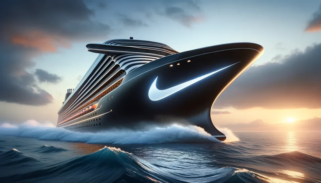 Exterior of a futuristic Nike-themed cruise ship cutting through the ocean waves at sunset, showcasing a prominent Nike swoosh logo on its hull.