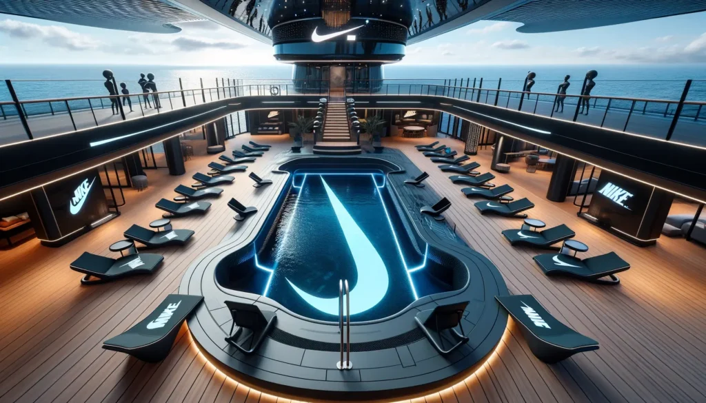Luxury pool deck on a Nike-themed cruise ship with Nike swoosh-shaped pool, surrounded by stylish loungers and the Nike logo displayed prominently.