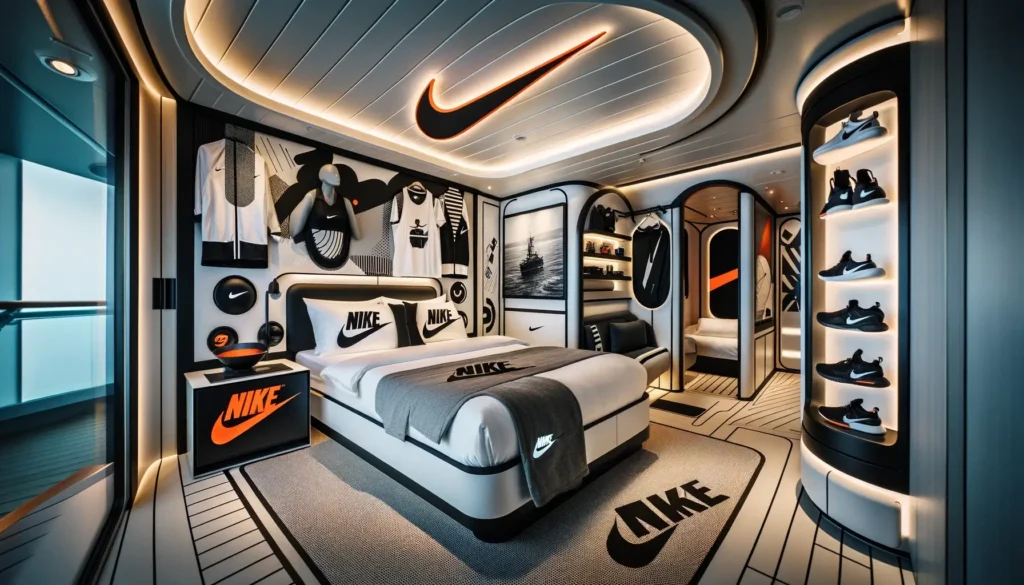 Interior of a Nike-themed stateroom on a cruise ship, featuring a contemporary design with Nike merchandise, black and white decor, and the iconic swoosh logo.