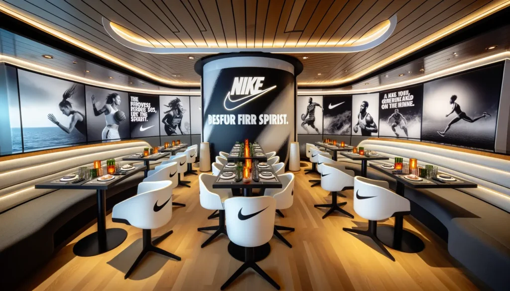 Nike-themed dining area on a cruise ship, with modern furnishings and walls adorned with dynamic Nike imagery and inspirational slogans.