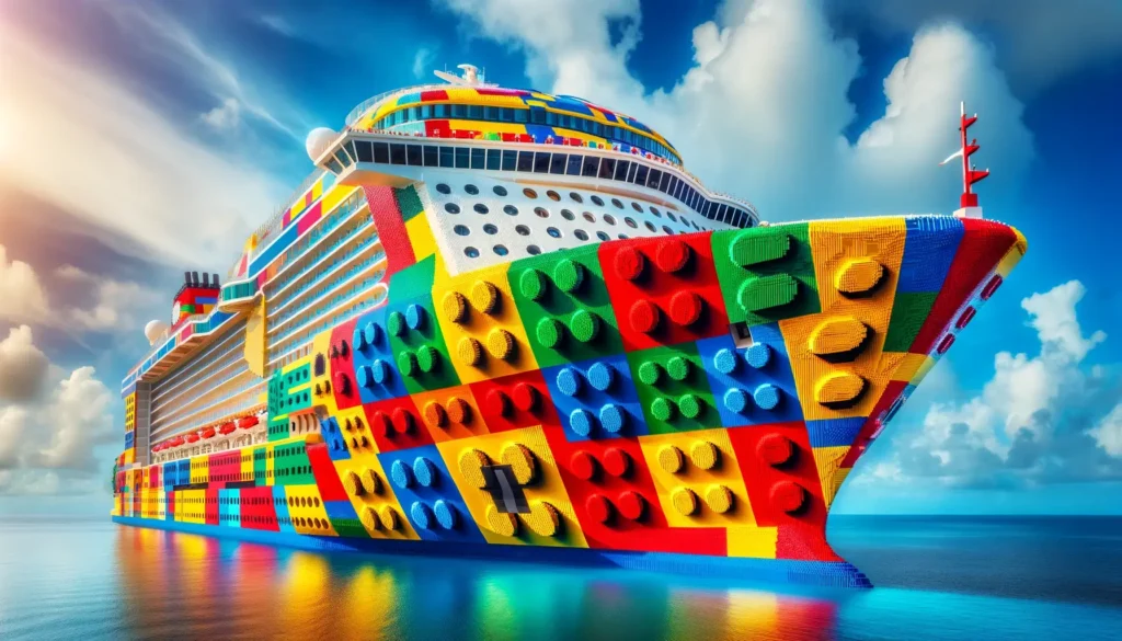 Colorful Lego-themed cruise ship exterior with a playful design of oversized Lego bricks in bright primary colors, cruising on a serene ocean under a blue sky.