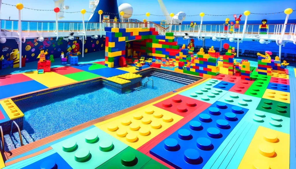 Vibrant Lego-themed pool deck on a cruise ship, with a Lego brick-inspired pool, surrounded by large Lego figures and colorful deck chairs, under a sunny sky.