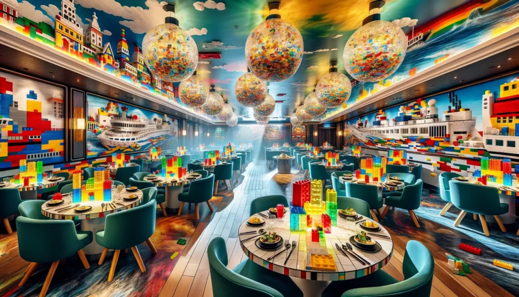 Dynamic Lego-themed dining room on a cruise ship, featuring tables and decor made of colorful Lego blocks, with whimsical Lego chandeliers hanging above.