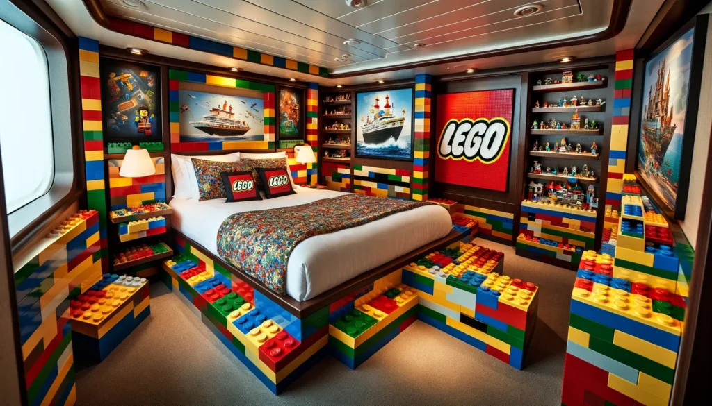 Charming Lego-themed stateroom on a cruise ship, with furniture and walls resembling giant Lego pieces, creating a cozy and imaginative environment.