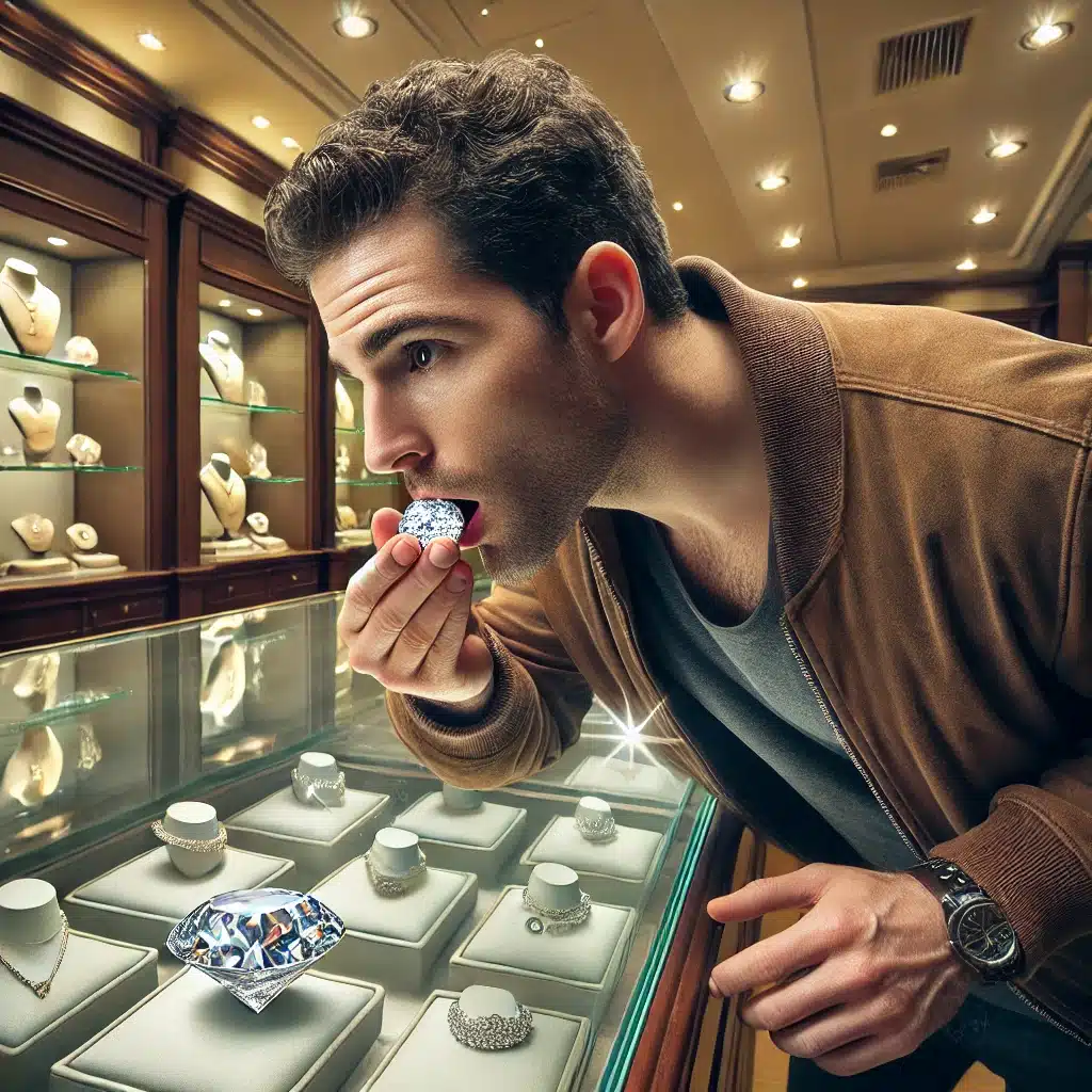 A photorealistic image of a man inside a luxurious jewelry shop, discreetly swallowing a large, glittering diamond. The man, dressed in casual clothing, is shown mid-action with a slightly tense expression, his hand near his mouth as he swallows the diamond. The jewelry shop around him is elegant, with glass display cases showcasing various expensive pieces of jewelry. The lighting in the shop is bright, reflecting off the glass and the jewelry, highlighting the contrast between the man's secretive action and the opulent surroundings.