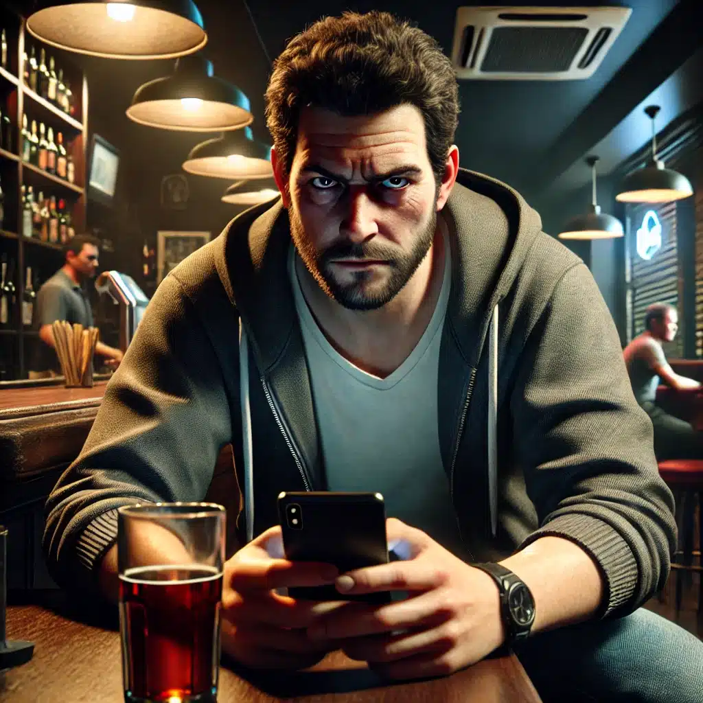 A photorealistic image of a man sitting at a dimly lit bar, looking suspicious and dodgy as he interacts with his phone. The man is dressed in casual attire, perhaps wearing a hoodie or a jacket, with a wary or secretive expression on his face. His body language is tense, as if he's trying to hide or obscure what he's doing on his phone. The background features a typical bar setting with low lighting, a few patrons in the distance, and a bartender behind the counter.