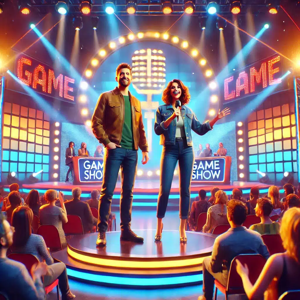 A photorealistic image of a couple on stage participating in a lively game show. The stage is brightly lit, with colorful lights and a vibrant backdrop that features the game show's logo. The couple, a man and a woman, are standing side by side, looking excited and engaged as they participate in the show. The woman is holding a microphone, and the man is gesturing animatedly. The audience can be seen in the background, cheering them on. The stage is set with various props and game elements that indicate they are in the middle of a fun, interactive challenge.