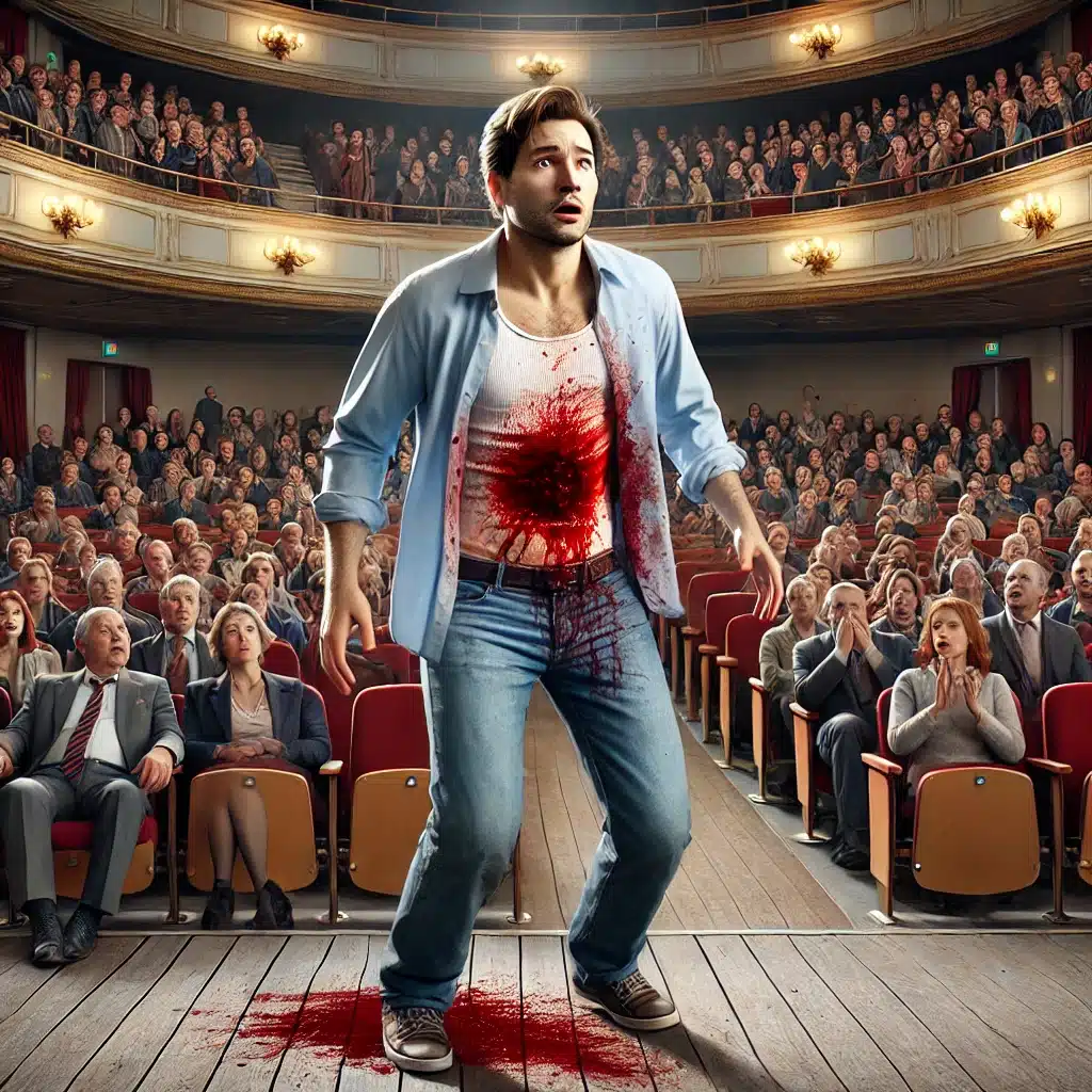 A photorealistic image of a man in a theater, seated or standing, with a  blood on his clothing. The man looks surprised or concerned, with an injury visible onabdomen. The theater environment is dimly lit, with rows of seats visible in the background, and a stage in the distance. The scene suggests that something unexpected has happened, but the focus is on the man's reaction and the setting rather than the injury itself.