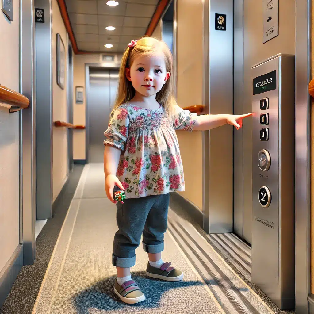 A photorealistic image of a very young girl, around 3 years old, standing in front of an elevator on a cruise ship. The girl is dressed in casual, colorful clothing and is holding a small toy. She looks curious and slightly hesitant as she reaches out to press the elevator button. The elevator doors are partially open, and the setting is a clean, modern building hallway. The scene is well-lit, emphasizing the girl's innocence and the everyday nature of the moment.