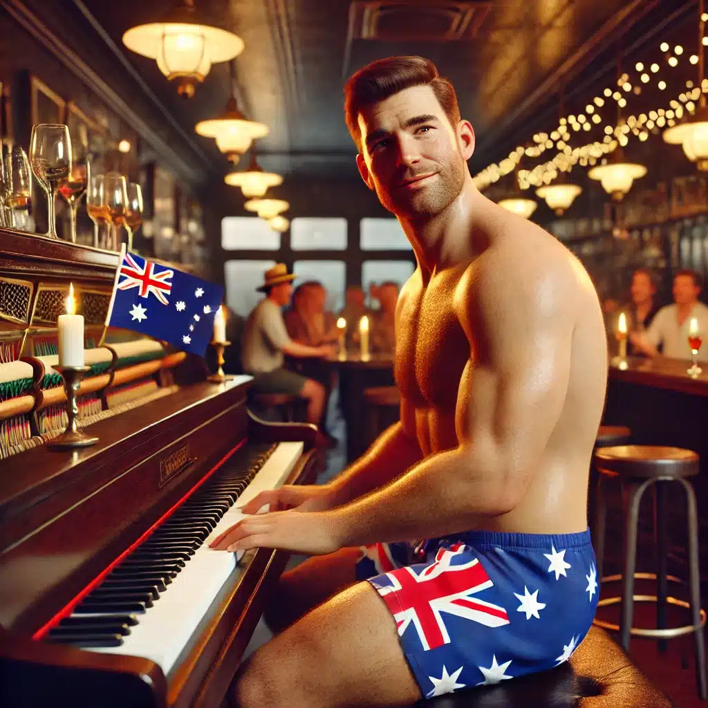 A photorealistic image of a male piano bar entertainer wearing Australian flag print underwear. The entertainer is seated at a piano in a lively bar setting, with a confident and charismatic expression. The bar is dimly lit with warm lighting, and you can see a small audience in the background, enjoying the performance. The scene captures the playful and relaxed atmosphere of a piano bar, with the entertainer being the focal point.