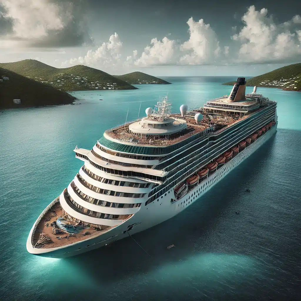 A photorealistic image of a cruise ship stranded off the coast of St Thomas