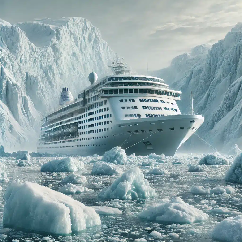 photorealistic image of a cruise ship surrounded by ice in an Arctic environment. 