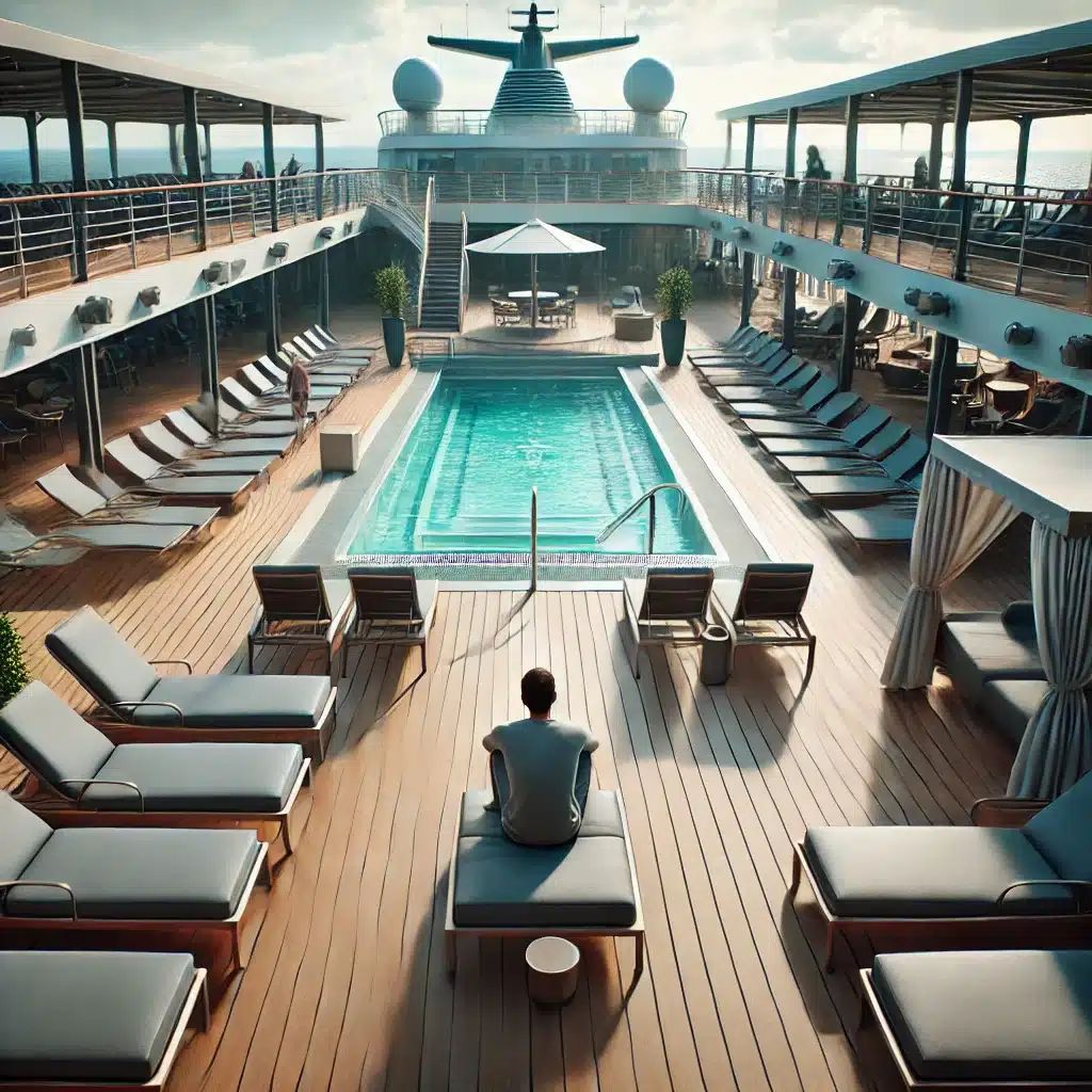 photorealistic image of a person alone in the adults-only area of a cruise ship