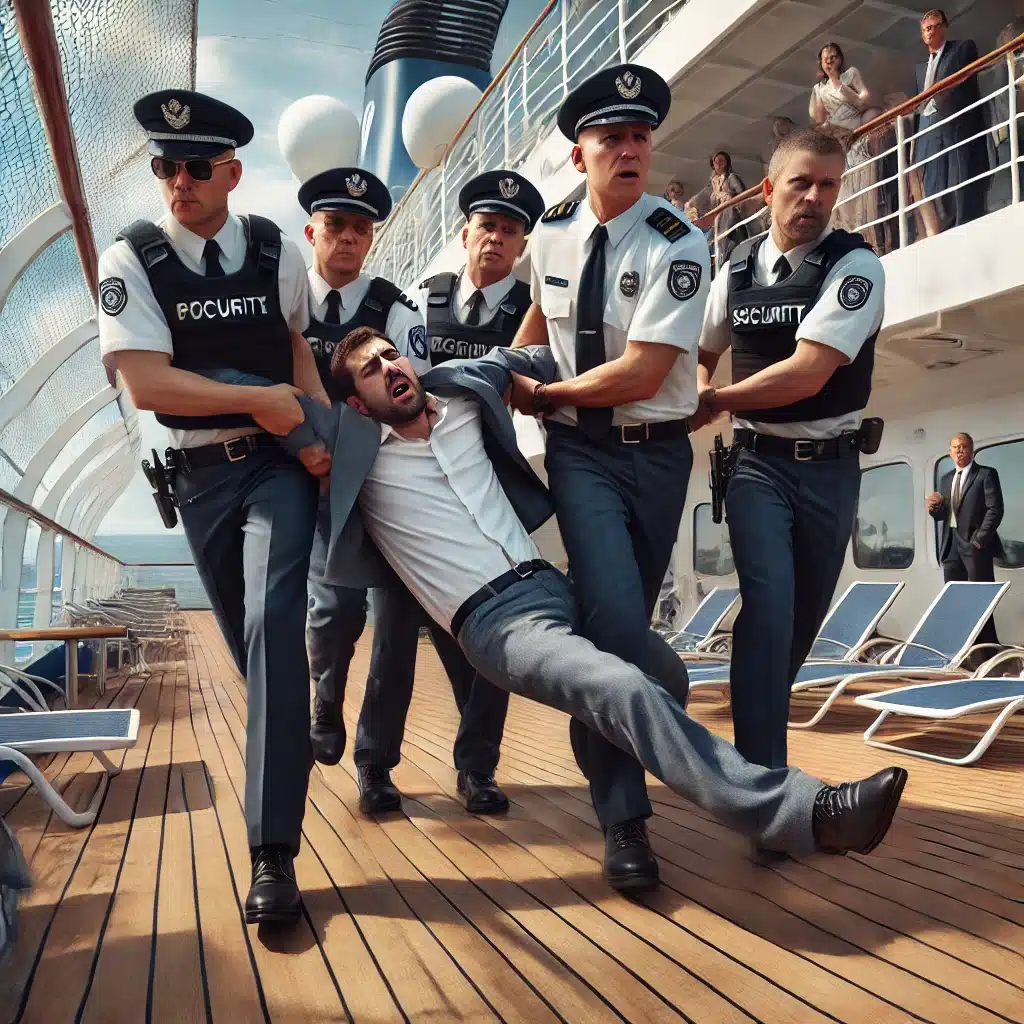 A man on a cruise ship being dragged off by security guards